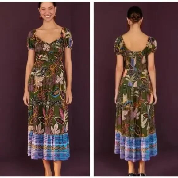 New Farm Rio Green Wild Jungle Short Sleeve Green Corset Midi Dress Medium NWT